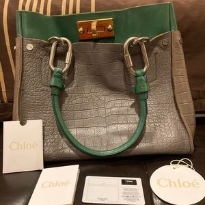 Authentic Chloe Grey/Green Croc Embossed Leather Buckle Handle Satchel